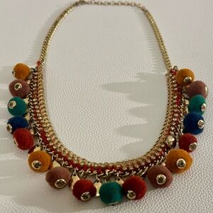 Boho Pom Pom Statement Necklace Gold Tone Colorful Festival Bib